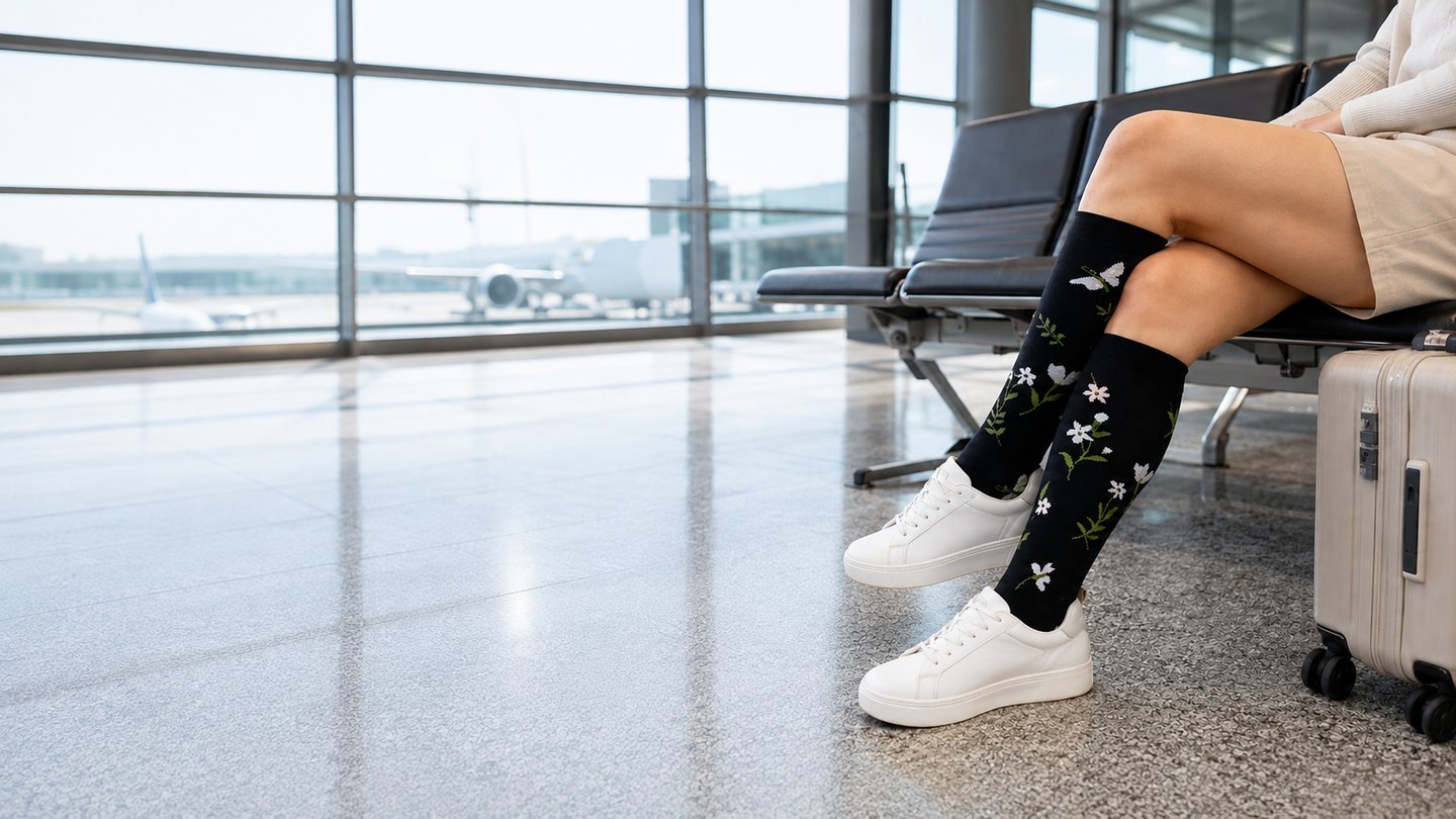 Woman wearing floral compression socks at the airport